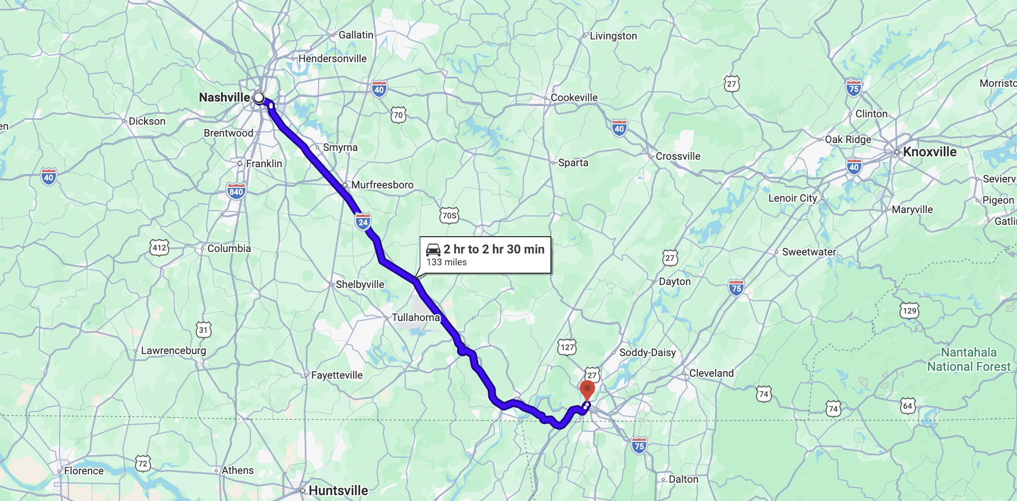 map from nashville to chattanooga
