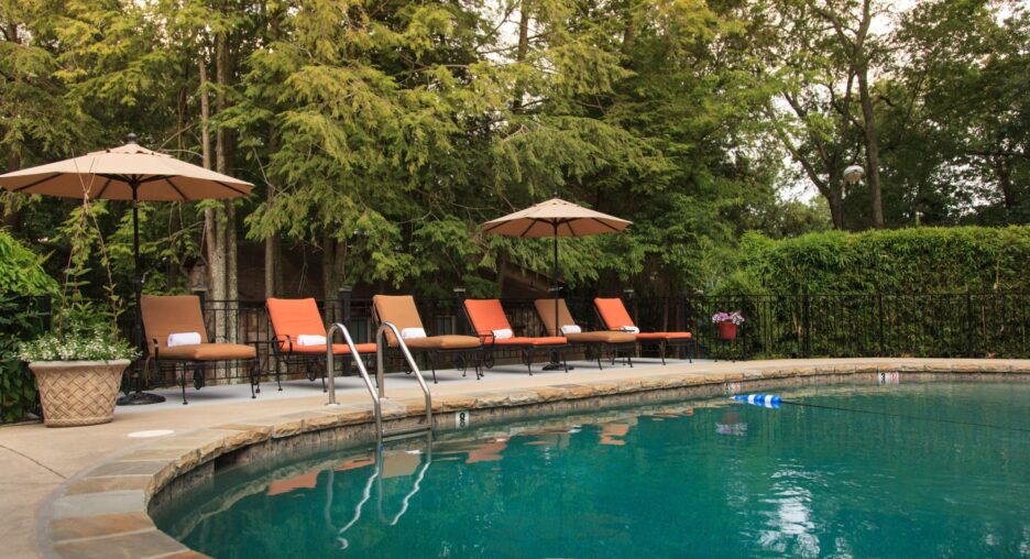 Plush pool chairs are lined up behind a turquoise blue pool with green trees in the background.