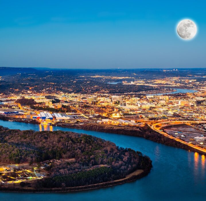 An arial of Chattanooga's downtown at dusk.