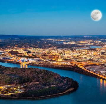 An arial of Chattanooga's downtown at dusk.
